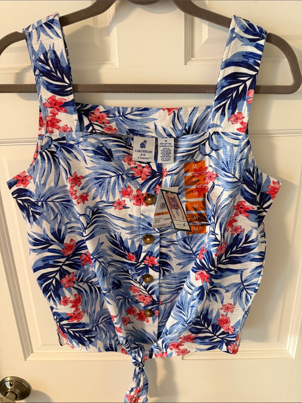 NWT Caribbean Joe Button-Front Tropical Tie Hem Tank 100% cotton knit Medium